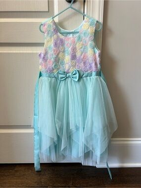 Jona Michelle Aqua Tulle Dress with Pastel Rosettes and Bow